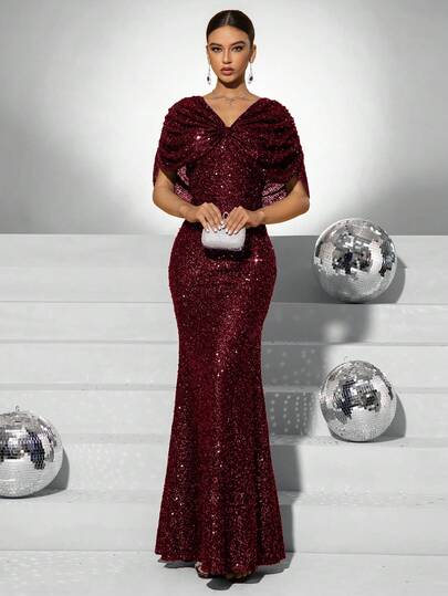 Fuaheng Women's Elegant V-Neck Formal Evening Dress With Batwing Sleeves & Sparkly Sequins
