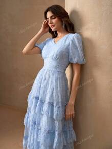 Vestido de sirena con volantes en las mangas de linterna y el bajo, con adorno floral, vestido de línea A romántico