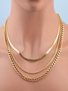 3pcs/Set Stainless Steel Color-Retaining Durable NK Chain + Broccoli Chain + Blade Chain, For Daily Wear In Multiple Layers, Unisex