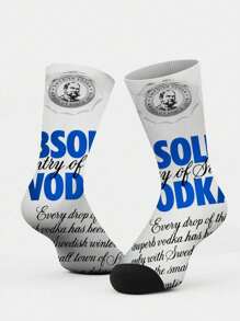 1 par de calcetines altos impresos a 360° con diseño de botella de Jack Danny, calcetines con estampado de botella de vino unisex, calcetines para parejas, calcetines casuales cómodos y transpirables para la calle, serie alcohólica de regalos para vacaciones, calcetines de media pantorrilla para ejercicio ligero