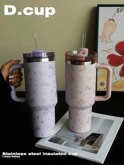 1 件 Ditsy 花卉蝴蝶结图案，40 盎司-14 盎司大容量带柄玻璃杯，隔热不锈钢旅行杯，适合通勤、学校、办公室、户外、健身房、家居，是送给女性和青少年、节日和生日的绝佳礼物（带吸管）