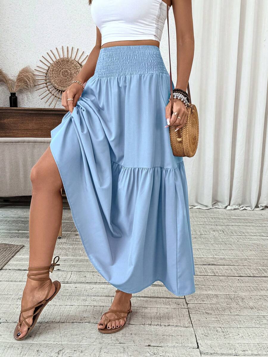 Women's Long Ditsy Floral Skirt, Casual Elastic Waist With Pockets, Ruffle Hem, A-Line Skirt For Summer Spring