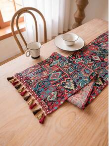 قطعة واحدة من الجاكار المزود بشرابة ، مناسب لزينة غرفة المعيشة والنوم وغرفة الطعام ، لمفرش الطاوله اليومي والأعياد - متعدد الألوان - مشاهدة 8