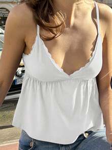 Women's Summer Babydoll Tops Sleeveless Spaghetti Strap Lace Trim Camisole Cami Tank Tops - 白色 - 查看 3