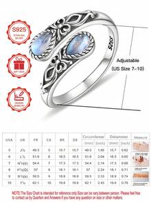 S925 Sterling Silver Moonstone Women's Adjustable Thumb Ring, Victoria Vintage Style Hypoallergenic Nickel Free, Retro Floral, Lucky, Faith, Mother's Love Ring, Bohemian Vintage Style, Daily, Party, Holiday, Valentine's Day, Halloween, Easter Gift, Comes With Gift Box - Star - View 8