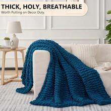 Chunky Knit Blanket - Soft Chenille Yarn Throws 40x50: Handmade Thick Cable Crochet Blanket - Large Chunky Yarn Rope Knot Throw For Couch, Sofa, Bed Home Decor - 藍色 - 查看 5