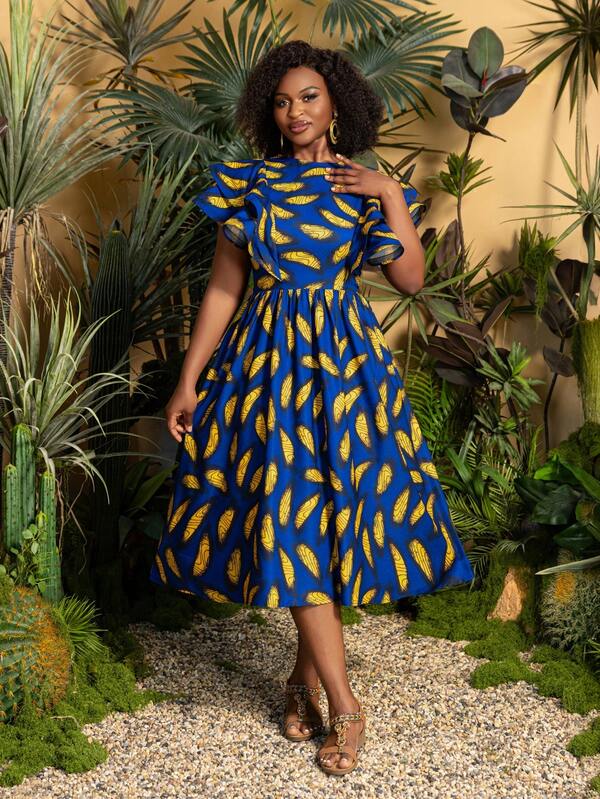 Women's Round Neck Flutter Sleeve A-Line Midi Dress - Relaxed Fit Plus-Size Daywear For Casual Outings, Beach Vacations, Weekend Brunches, Park Strolls & Everyday Errands