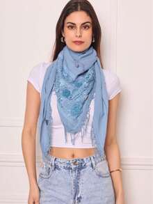Polyester Fringed Triangle Scarf With Lace And 4 Floral Embossment - Baby Blue - View 1