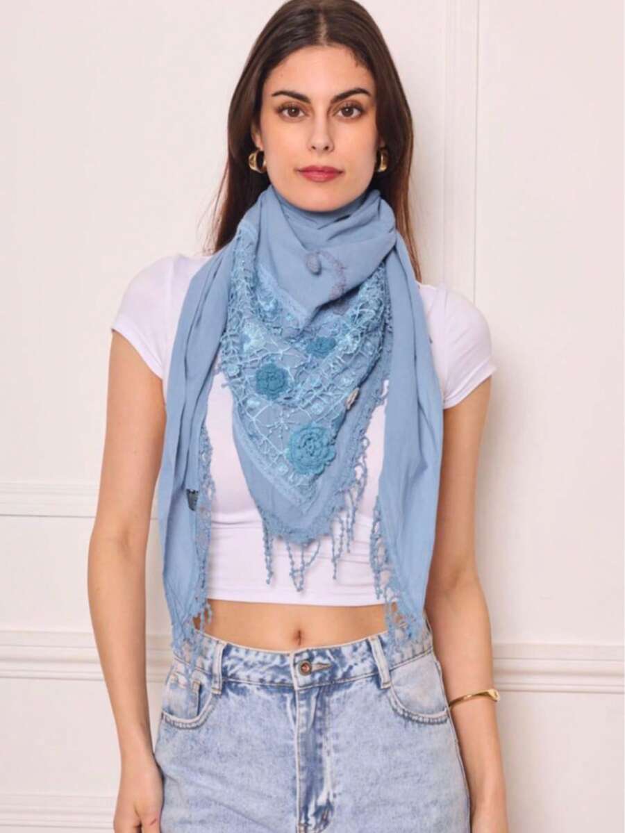 Polyester Fringed Triangle Scarf With Lace And 4 Floral Embossment - Baby Blue - View 1