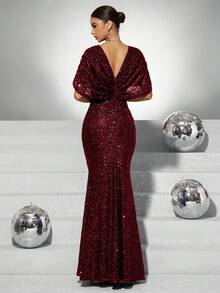Elisanya 女士优雅V领蝙蝠袖亮片晚礼服 - 酒紅色 - 查看 2