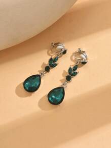 1 Pair Fashionable Long Metallic Crystal Water Drop Clip-On Earrings, Suitable For Women, Daily Wear, Parties, Gatherings