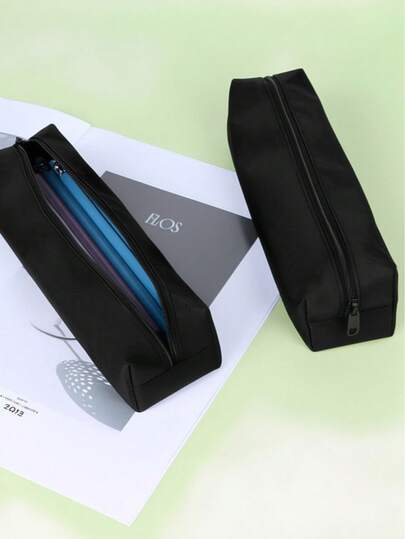 1pc Solid Black Large-Capacity Oxford Pencil Case & Cosmetic Organizer - Multi-Purpose Zippered Pouch For Student Stationery, Makeup, Travel Essentials & Small Items Storage, Back To School, School Supplies, Pencil Pouch, School Bag