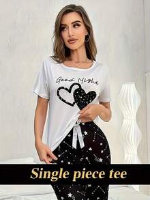 Casual Heart & Slogan Print Night Top, Short Sleeve Round Neck Stretchy Top, Women's Sleepwear - White - View 4