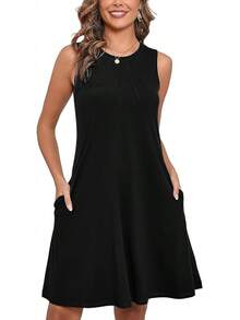 Women's Summer Sleeveless Crew Neck Midi Dresses Casual Loose Fitted Sundress With Pockets - A01-黑色 - 查看 6