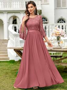 MIUSOL Sequin Floral Lace Flare Sleeve Contrast Chiffon Formal Party Maxi Dress, Elegant Party, For Wedding Guest, Graduation, Dinner,Gown,Evening