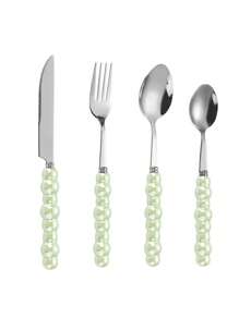 4pcs/Set Stainless Steel Utensil Set,Romantic Ceramic Pearl Handle Western Cutlery Knife Fork Spoon Coffee Spoon,Reusable Tableware,Or School, Picnics, Parties, Outdoor Dining, Camping Accessories School Supplies Travel Essentials Accessories Back To School Dorm Essentials