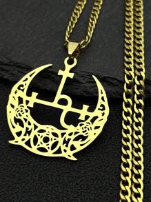 Wicca Triple Moon Crescent Pentagram Pedant Necklace For Women Men Stainless Steel Gold Color Satan Lilith Demon Seal