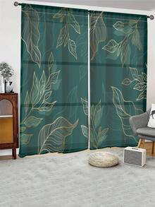 2 件套水彩花卉印花半透明窗帘，独特的复古艺术装饰，保护客厅、卧室、厨房的隐私 - 墨綠色 - 查看 2