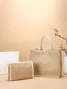 Large Capacity Fashionable And Versatile Simple Solid Color Handheld Tote Bag With Cosmetic Bag Suitable For Daily Shopping - Khaki - View 10