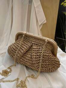 Straw Bag With Pleated Braided Pattern Clutch - Khaki - View 4
