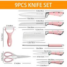 Kitchen Knife Set, 9-Pieces  Sharp Non-Stick Coated Chef Knives Block Set,Stainless Steel Knife Set For Kitchen With Sharpener For Cutting Slicing Dicing Chopping - Hồng - Xem 3