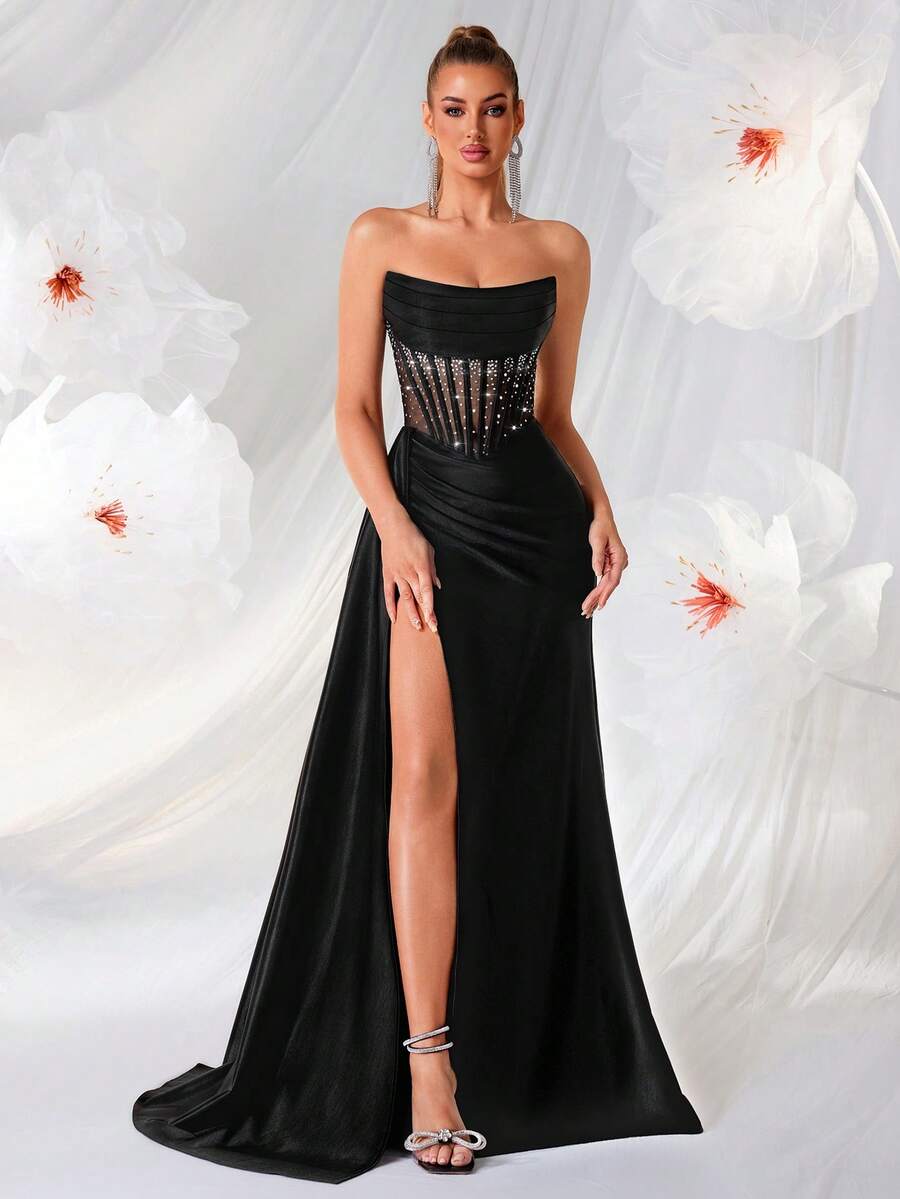 Women's Elegant Strapless, Diamond Hot Stamping, Hollowed Out High Waisted, Long Ribbon, Split Open, Backless Strap, And Floor Party Dress For Prom Birthday Party Evening Date Homecoming Party Wedding Guest Formal Dinner Family Festival - 黑色 - 查看 1