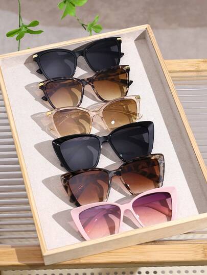 6 件装女士彩色塑料猫眼全框手工钉制性感女孩风格精致优雅生活周末装音乐节度假氛围配饰适合所有脸型