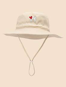 1 pieza Sombrero de sol para niños con patrón de corazón y letra, con cordón ajustable a prueba de viento, estilo casual tipo cubo para uso diario al aire libre, playa, protección solar - Beis - Ver 40