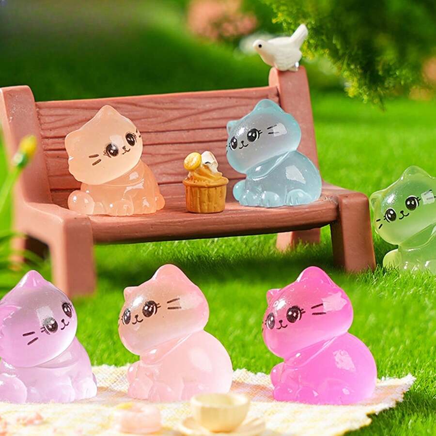 6/12/24 szt. Świecące miniaturowe żywiczne figurki kotów, małe, malutkie figurki kotów do ukrycia, świecące w ciemności, miniaturowe figurki do dekoracji krajobrazu mikro ogrodu, rękodzieło, upominki na przyjęcie, zabawki (losowy kolor)