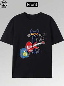 Dynamic Music Guitar Kitten Print-Shirt – 220g, Cotton Short Sleeve Round Neck Top, Fashionable Casual Premium Men's-Shirt – High-Quality Cartoon Print Design, Soft And Breathable, Loose Fit, Music Lovers And Kitten Enthusiasts NXHV - 白色 - 查看 10
