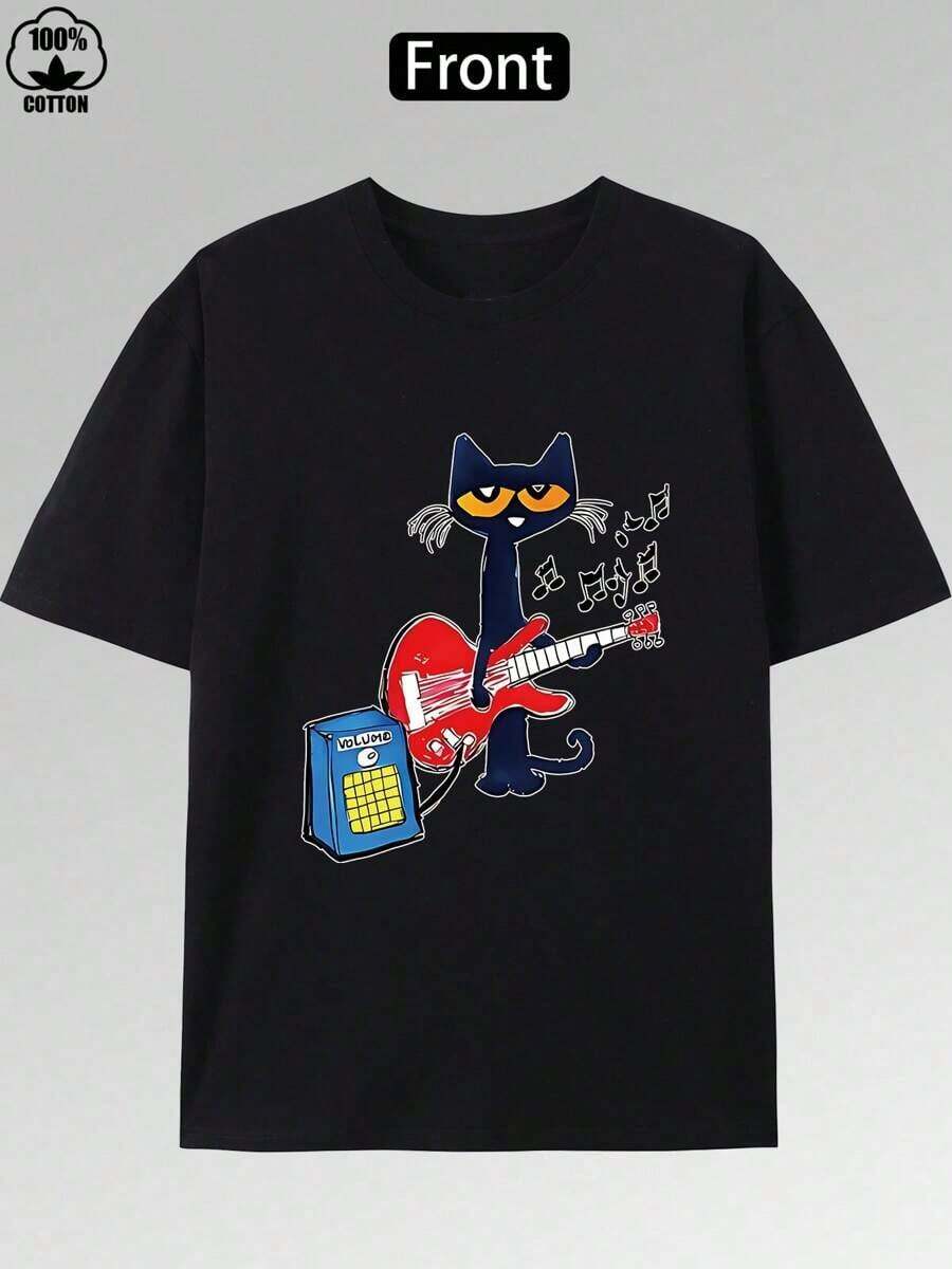Dynamic Music Guitar Kitten Print-Shirt – 220g, Cotton Short Sleeve Round Neck Top, Fashionable Casual Premium Men's-Shirt – High-Quality Cartoon Print Design, Soft And Breathable, Loose Fit, Music Lovers And Kitten Enthusiasts NXHV - 黑色 - 查看 1