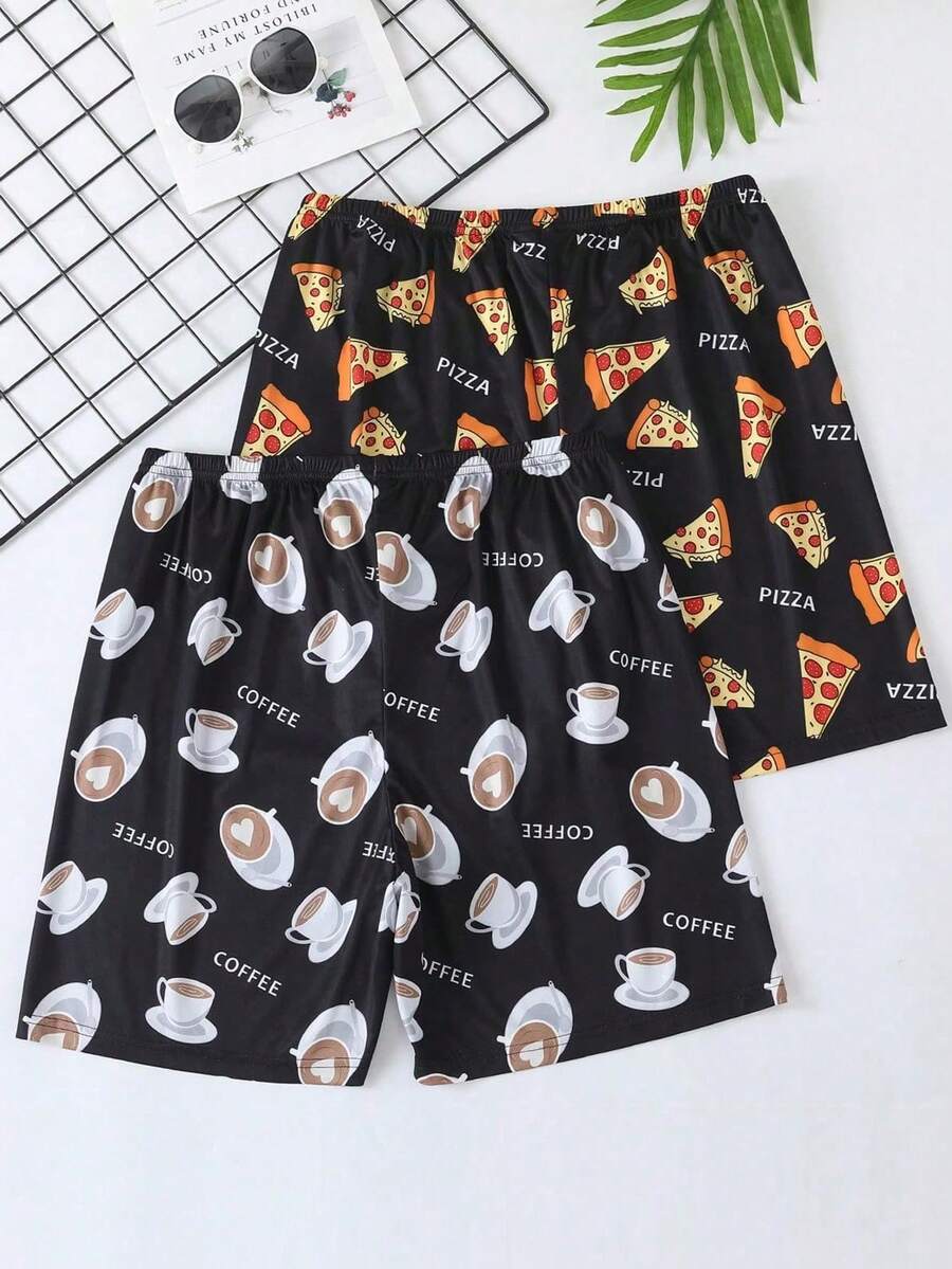 2pcs Pizza & Coffee Cartoon Print Loose Fit Drawstring Shorts, Men Casual Home Pants, Summer - Black - View 1