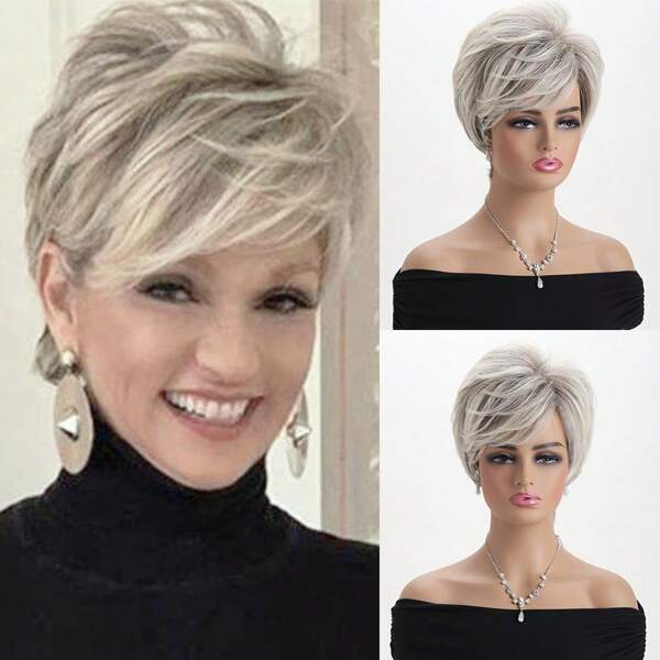 Peluca de mujer moda corta y rizada natural con flequillo, color rojo-marrón mezclado, cabello corto esponjoso de 10 pulgadas de fibra sintética, apta para uso diario, vacaciones, fiestas y disfraces