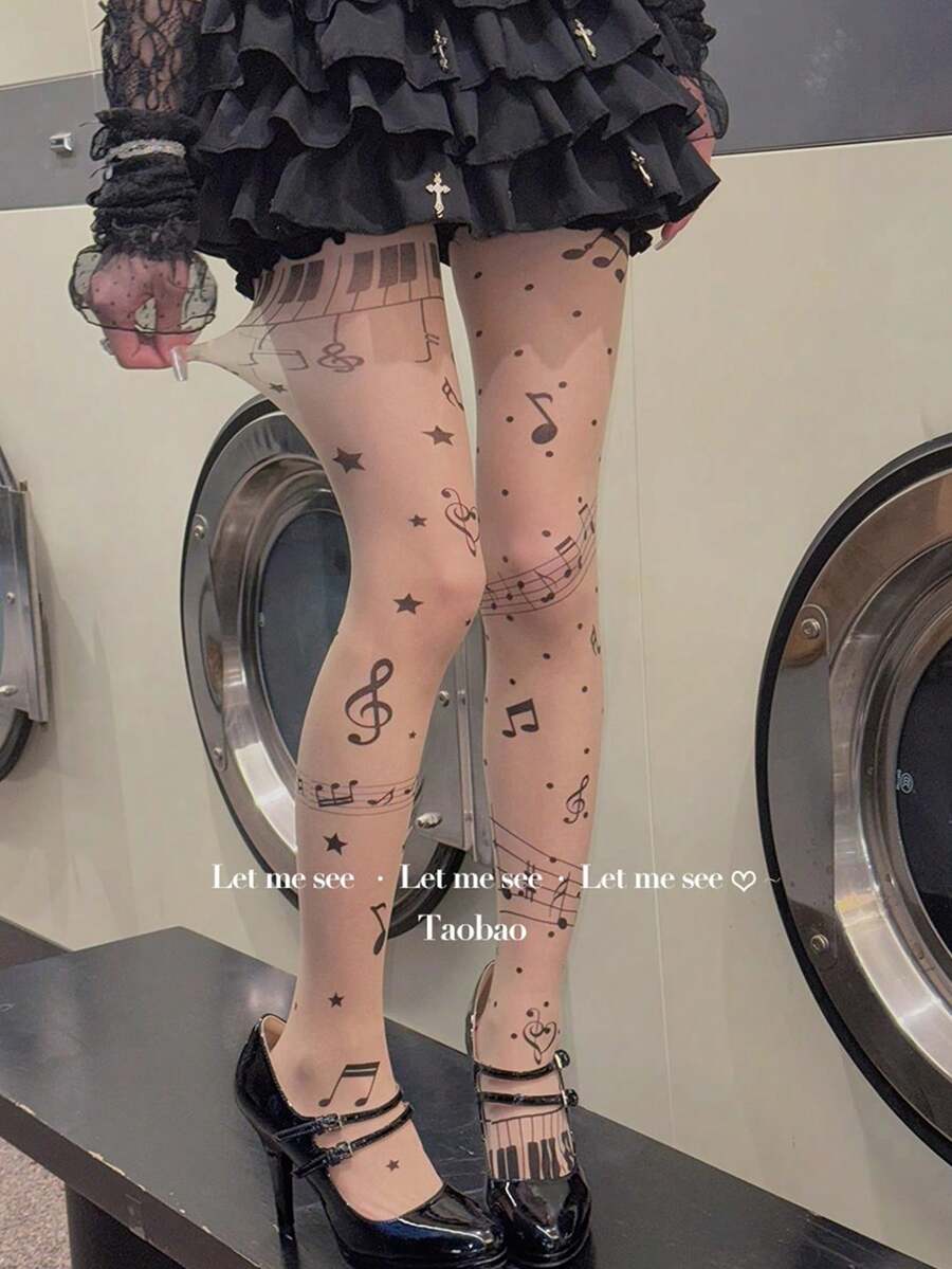 1 件 Y2K 个性化性感音符印花薄款紧身裤/长袜，适合春夏季