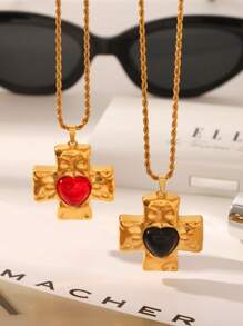 1 pieza/2 piezas, Collar con dije de cruz de acero inoxidable chapado en oro de 18k con ágata roja y obsidiana negra, joyería de lujo clásica de acero inoxidable para mujer, regalo para boda, graduación o festivo