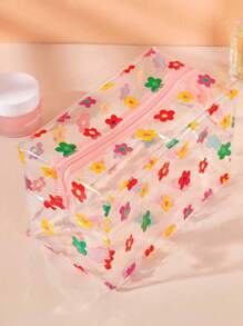 1pc Flower Transparent Waterproof Cosmetic Bag,Fashion Cute Waterproof Storage Pouch For Accessories,Jewelry,Toiletries,Valentine's Day Gift,Sleek Chic Transparent PVC Makeup Bag With Large Capacity - Portable Travel Cosmetic Organizer With Zipper, Colorful Floral Design Valentines