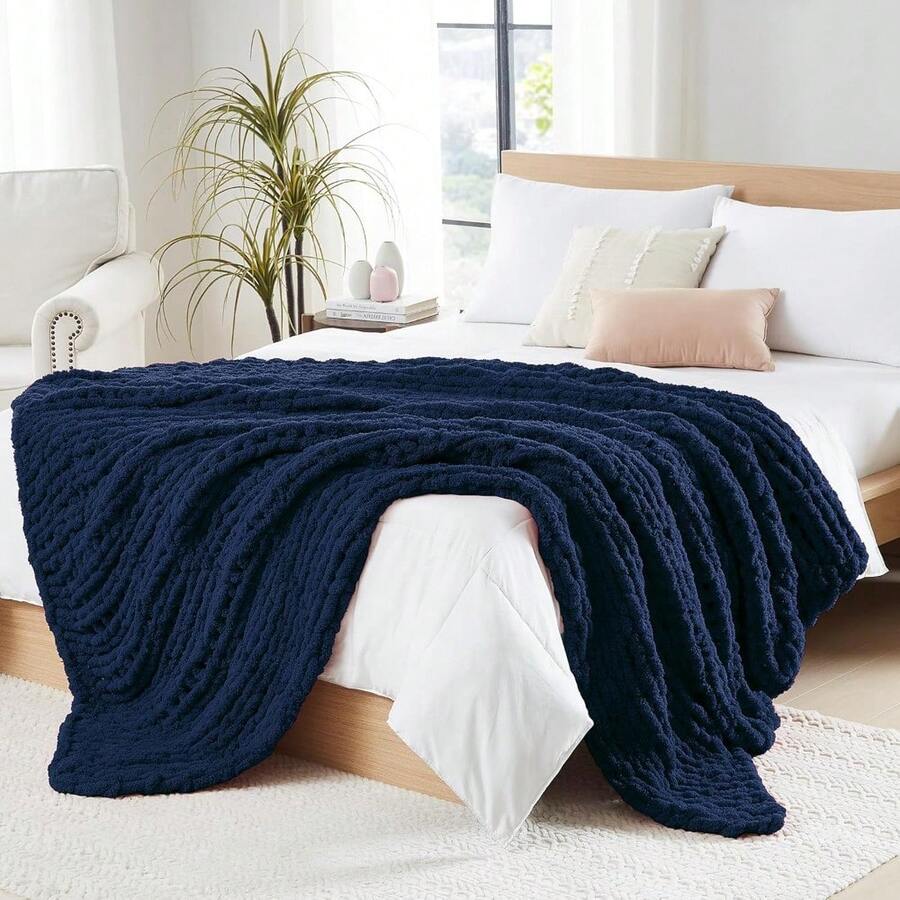 Chunky Knit Blanket - Soft Chenille Yarn Throws 40x50: Handmade Thick Cable Crochet Blanket - Large Chunky Yarn Rope Knot Throw For Couch, Sofa, Bed Home Decor - 深藍色 - 查看 1