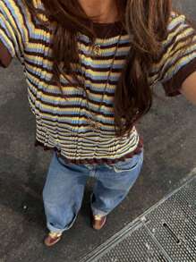 ملابس علوية تريكو مضلع بألوان مسدود الأكمام قصير الأكمام للنساء من سيرين، بتصميم ضيق مناسب للارتداء اليومي والشارع والتنقل، بأسلوب عصري Y2K، ملابس شارع، أنماط رجعية