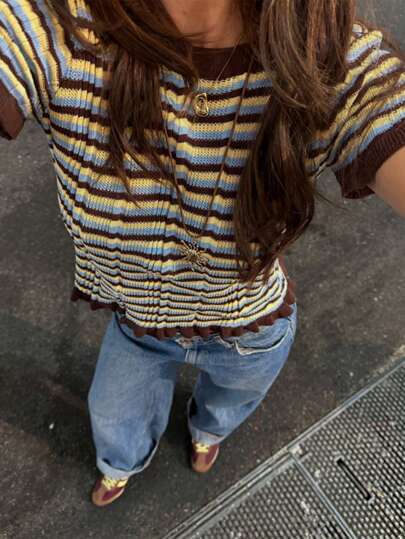 SEREN Summer New Round Neck Striped Color Blocked Short Sleeved Knitted T-Shirt For Women, Slim Fit Daily Casual Street Commuting Style Pullover Thin Top Y2k Clothes Streetwear