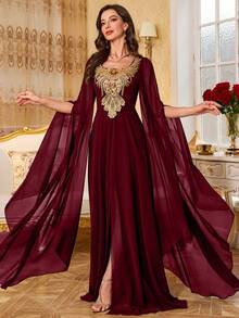 SUPGIR V-Neck Pleated Waist Pearl Decorated Lantern Sleeve Long Chiffon Formal Dress - 酒紅色 - 查看 4