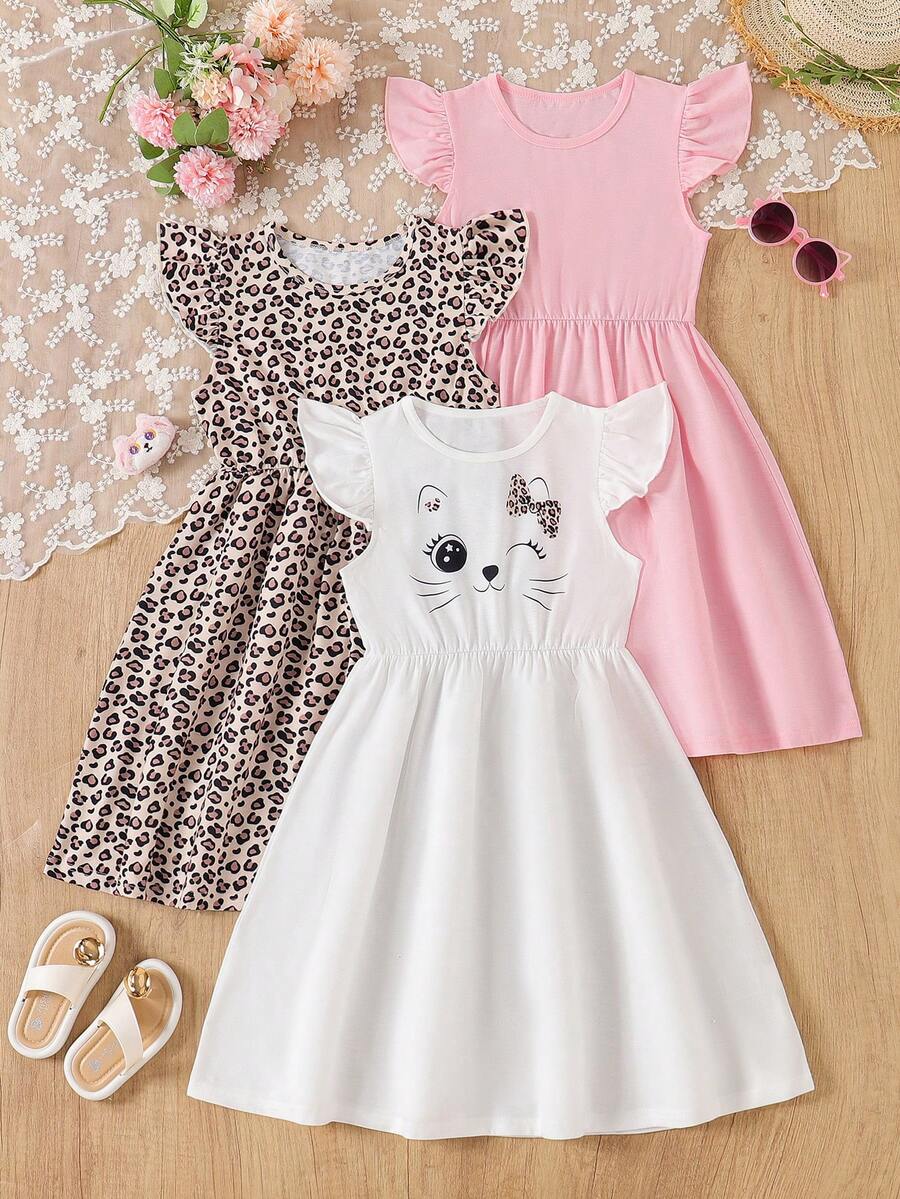 3Pcs/Set Tween Girls Casual Cap Sleeve Leopard Cat Print Dress Set - Multicolor - View 1