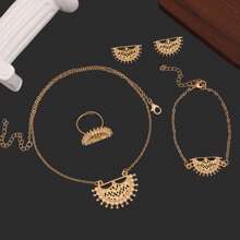 Set de 5 piezas de joyería estilo bohemio de aleación de zinc con perlas en forma de media luna - collar, anillo, aretes y pulsera