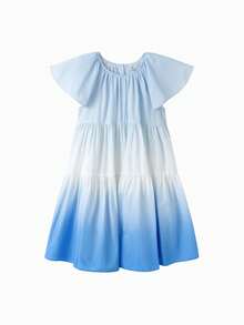 Balabala Tween Girl 2025 Summer New Ombre Ruffle Trim Round Neck Loose Fit Dress - Blue Tint - View 5