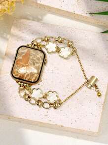 1pc Compatible With Apple Watch Luxury Gold Chain & White Floral Decorated Bracelet Watch Band, Suitable For Ultra3/2/1, SE, S10/S9/8/7/6/5/4/3/2/1 Series, Fashion Gift For Young Women, Global Popular New Watch Strap 38mm 40mm 41mm 42mm 44mm 45mm 49mm Smart Watch Accessories