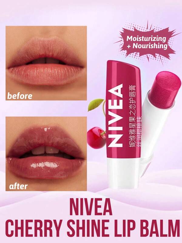 NIVEA Cherry Shine Lip Balm, Moisturizing, Long-Lasting Hydration, Lip Repair, Cherry Scent, Silky Texture, Compact And Portable, Natural Plant Extracts, Gentle Care, Vitamin E Added, Prevents Chapping, Softens Lips, Enhances Shine, All Skin Types, Dry Lips, Frequent Makeup Users, Daily Care, Before Makeup, Nighttime Repair