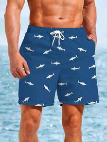 Plus Size Men's Casual 3D Printed Cute Shark Pattern Beach Shorts, Hawaiian
