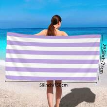 1 件简约条纹沙滩巾，超大速干轻质吸水沙滩毯，防沙旅行泳池瑜伽健身房运动毛巾，海滩度假必备礼物（单面印花），沙滩配件，泳池浮圈 - 淡紫色 - 查看 14