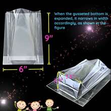 50 unidades/100 unidades Bolsas con fondo con pliegue de 8" x 11", 6" x 9", de celofán transparente tipo cello para dulces y regalos, con 50/100 lazos retorcidos, para embalaje de regalos y favores de fiesta