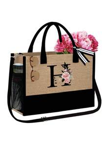 1 set, Bolso de mano tipo tote con estampado de flores con inicial A y correas para el hombro & Set de bolsas de maquillaje con iniciales de la A a la Z, bolso de regalo personalizado con bolsillos laterales, bolso de playa con pañuelo, bolsos de almacenamiento portátiles y de ocio, bolsas de compras multifuncionales, bolsa de almacenamiento simple para viajes