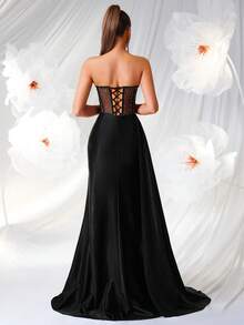 Women's Elegant Strapless, Diamond Hot Stamping, Hollowed Out High Waisted, Long Ribbon, Split Open, Backless Strap, And Floor Party Dress For Prom Birthday Party Evening Date Homecoming Party Wedding Guest Formal Dinner Family Festival - 黑色 - 查看 2